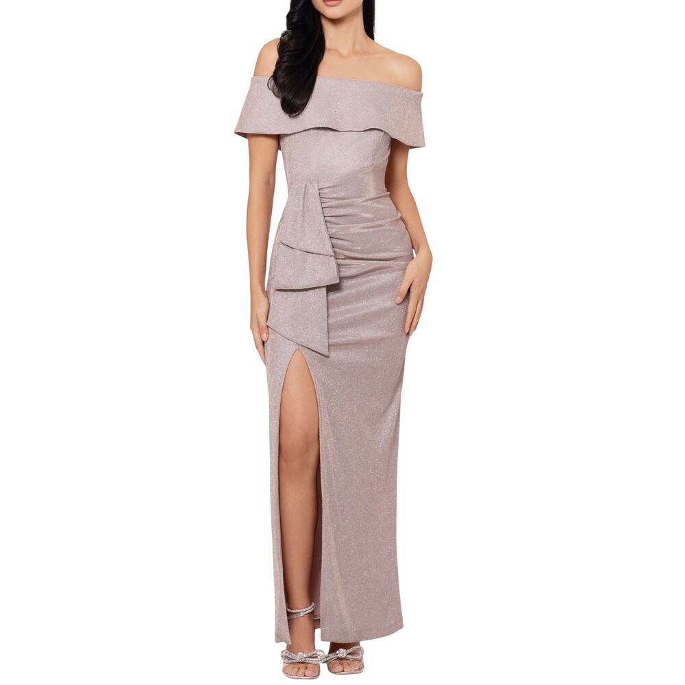 XSCAPE Rose Gold Evening Gown Metallic Off the Shoulder Column Dress Size 18W